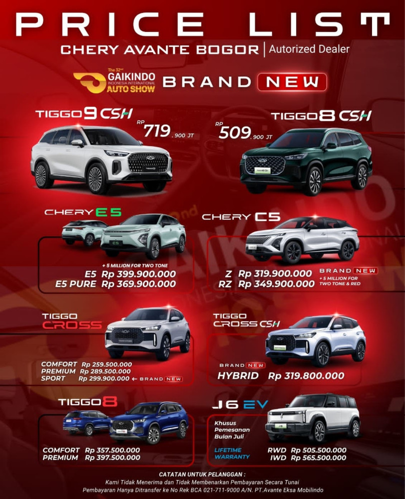 Pricelist Harga Chery bojongsari 2025